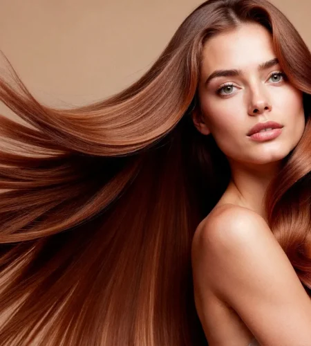Mujer con cabello largo y brillante, peinada de manera elegante, con un fondo neutro que resalta su rostro y el movimiento del cabello. Ideal para temas de belleza y cuidado capilar.